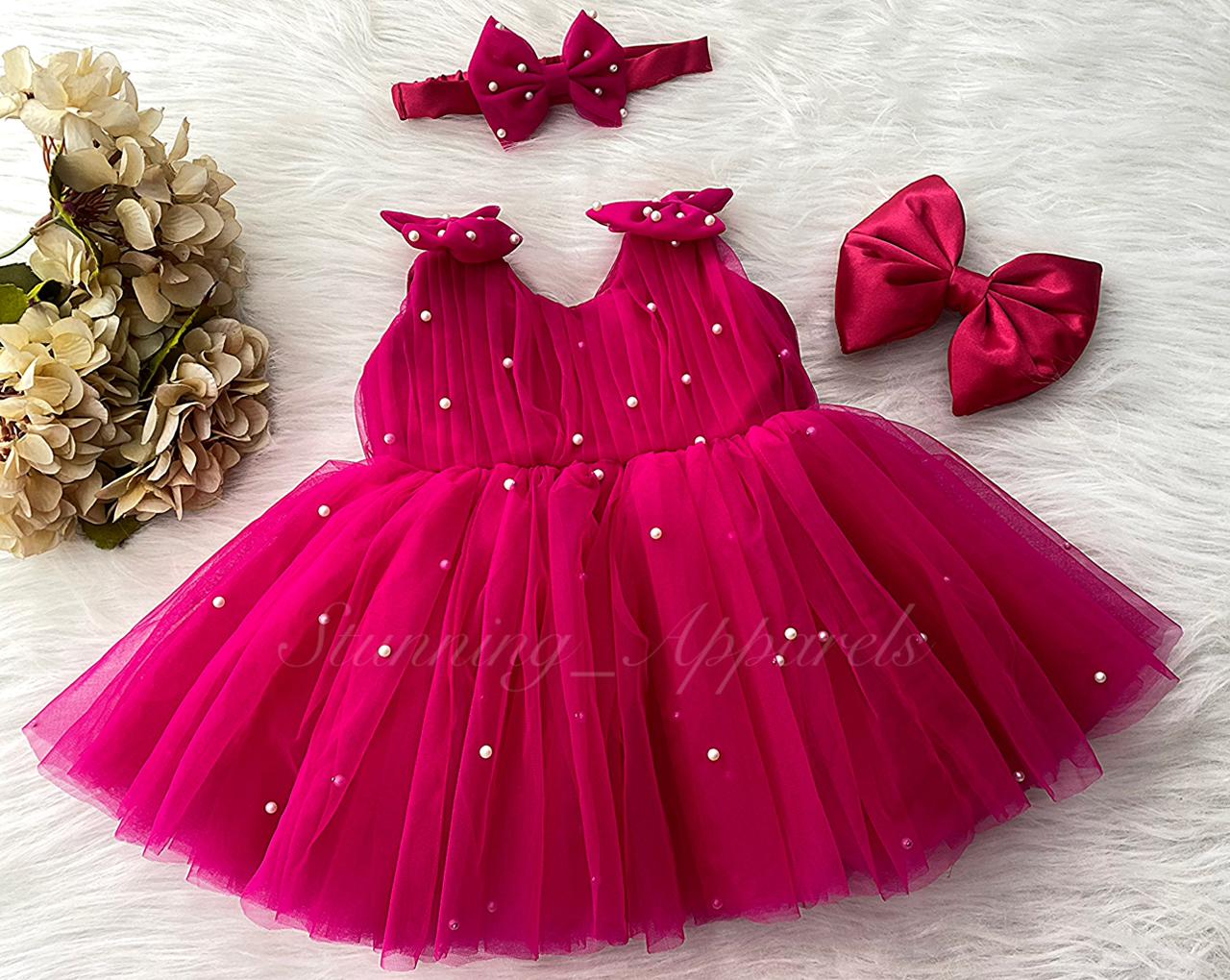 Shoulder Bow Pearls Work Magenta Pink Frock