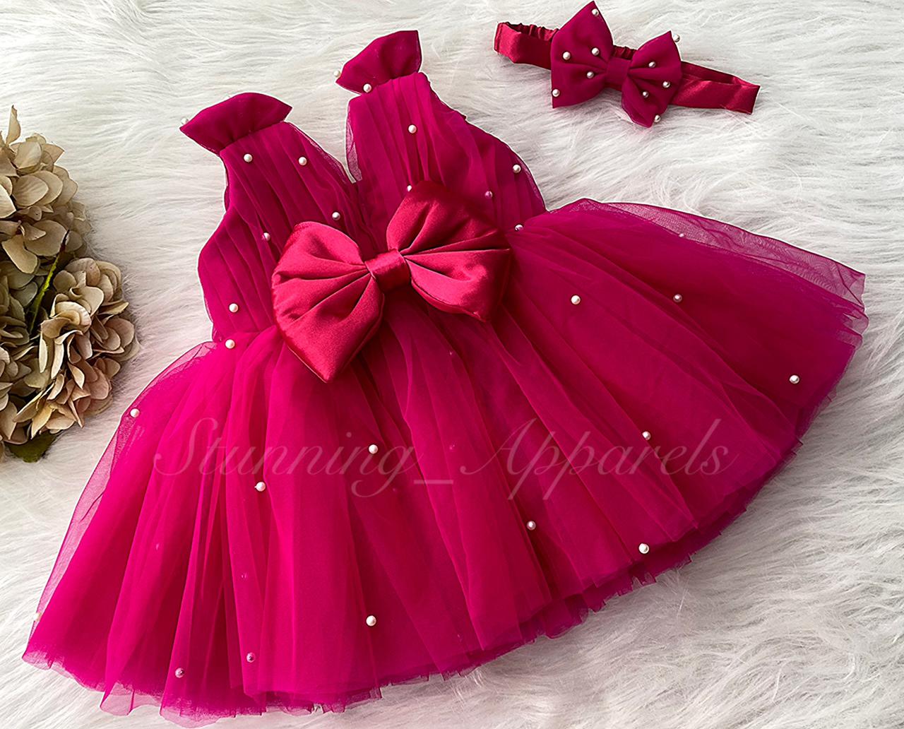 Shoulder Bow Pearls Work Magenta Pink Frock