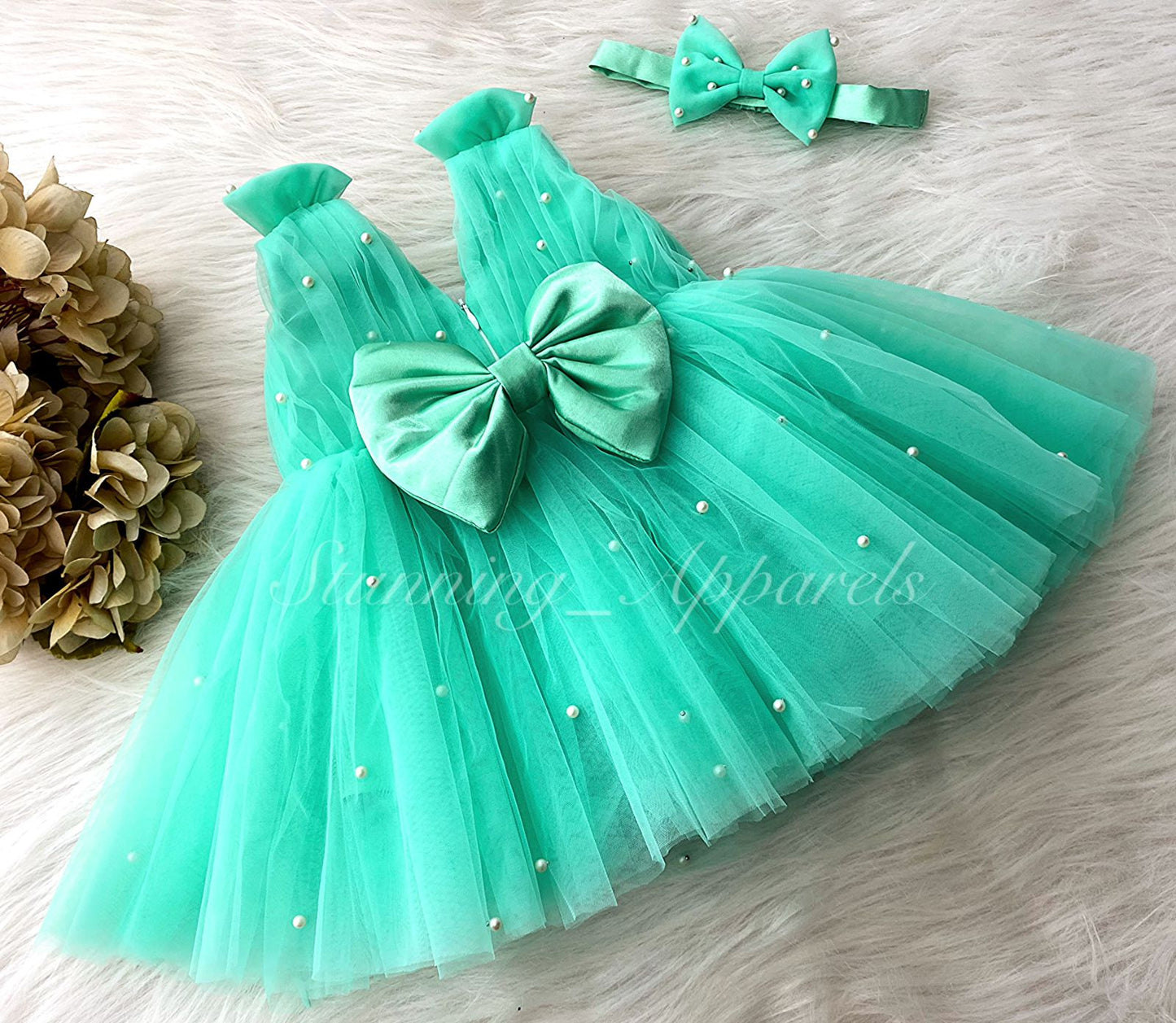 Shoulder Bow White Pearls Work Sea Green Frock