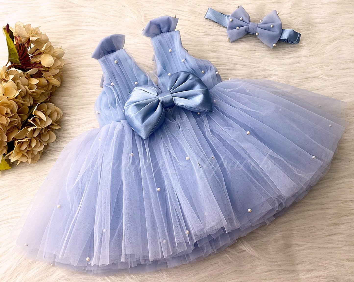 Shoulder Bow White Pearls Work Pastel Blue Frock