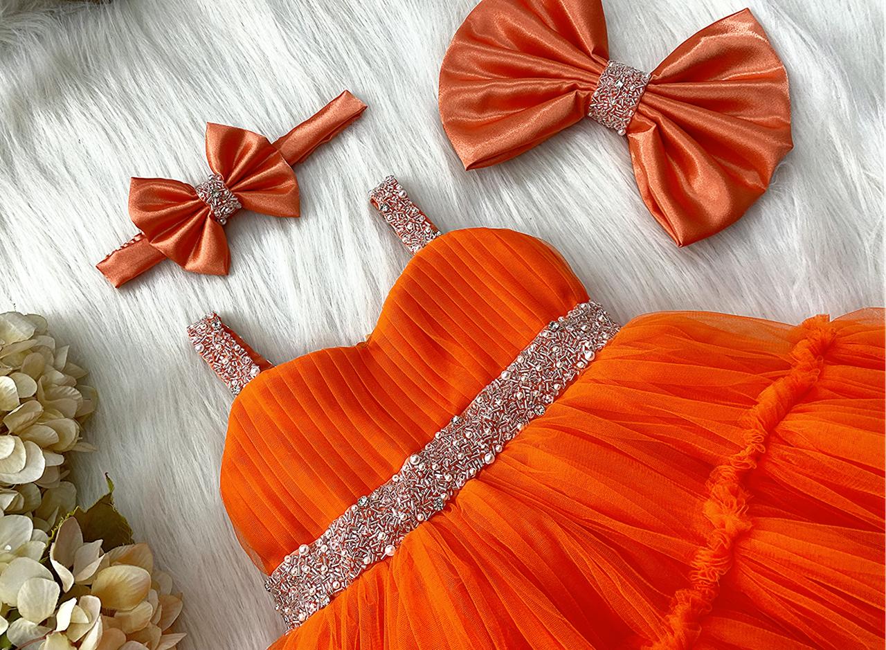 Designer Sweetheart Neckline Hand Work Strapped Orange Frock