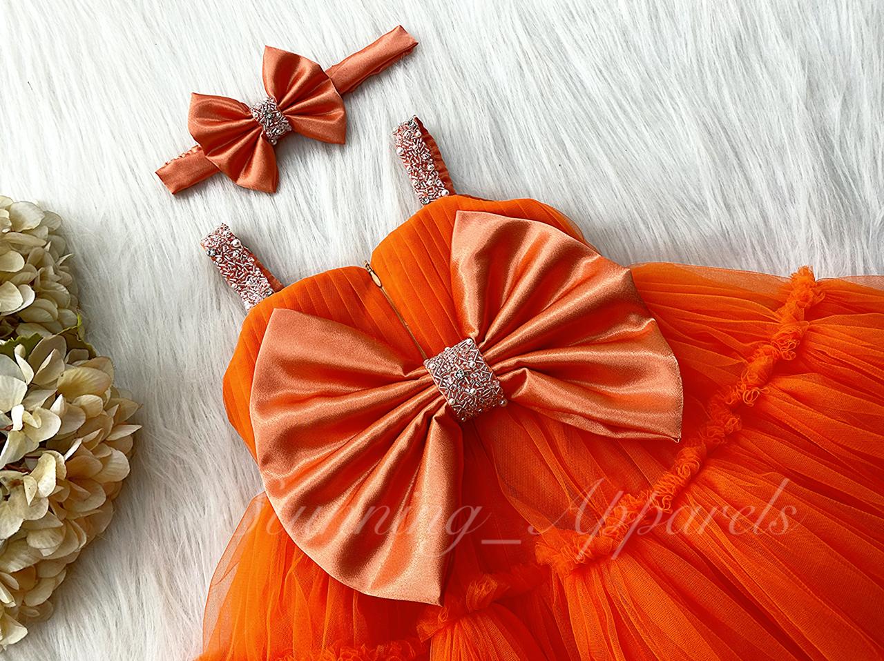 Designer Sweetheart Neckline Hand Work Strapped Orange Frock