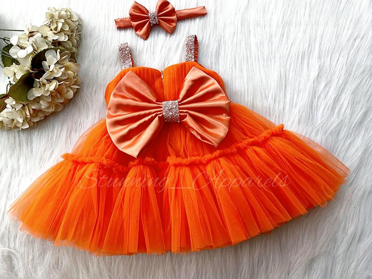 Designer Sweetheart Neckline Hand Work Strapped Orange Frock