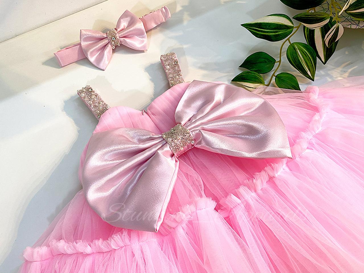 Designer Sweetheart Neckline Hand Work Baby Pink Frock