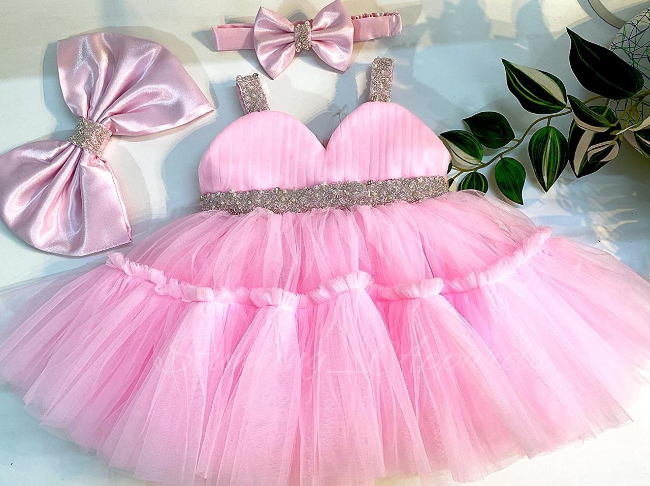 Designer Sweetheart Neckline Hand Work Baby Pink Frock