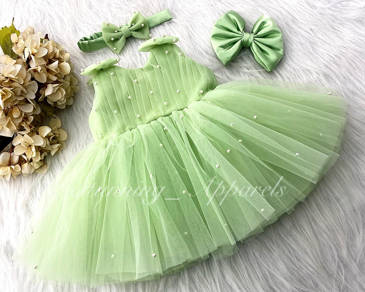 Shoulder Bow White Pearls Work Pista Green Frock