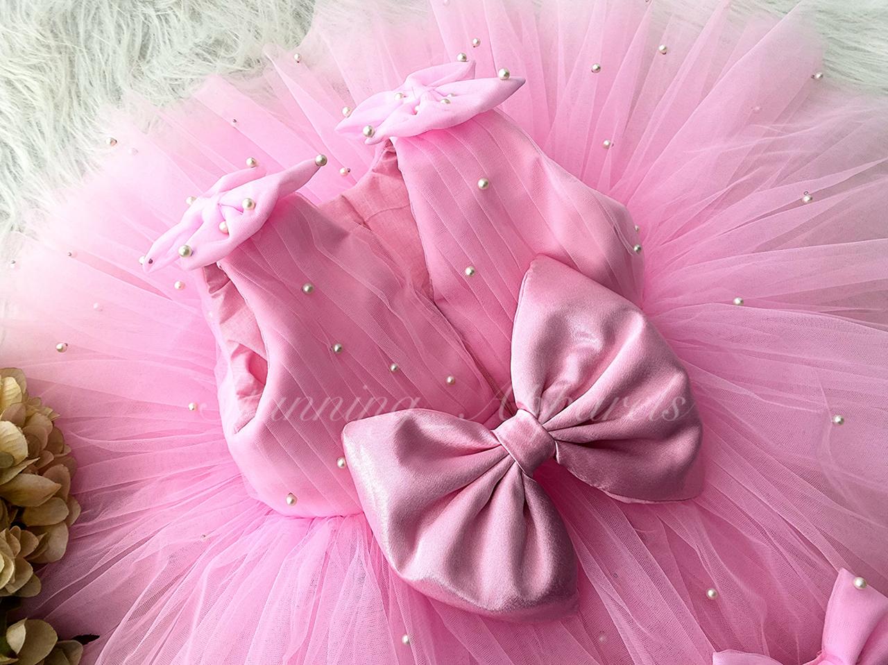 Shoulder Bow White Pearls Work Baby Pink Frock