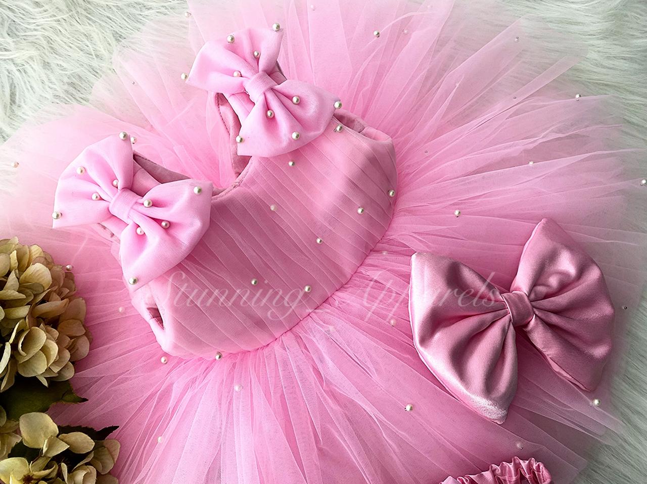 Shoulder Bow White Pearls Work Baby Pink Frock