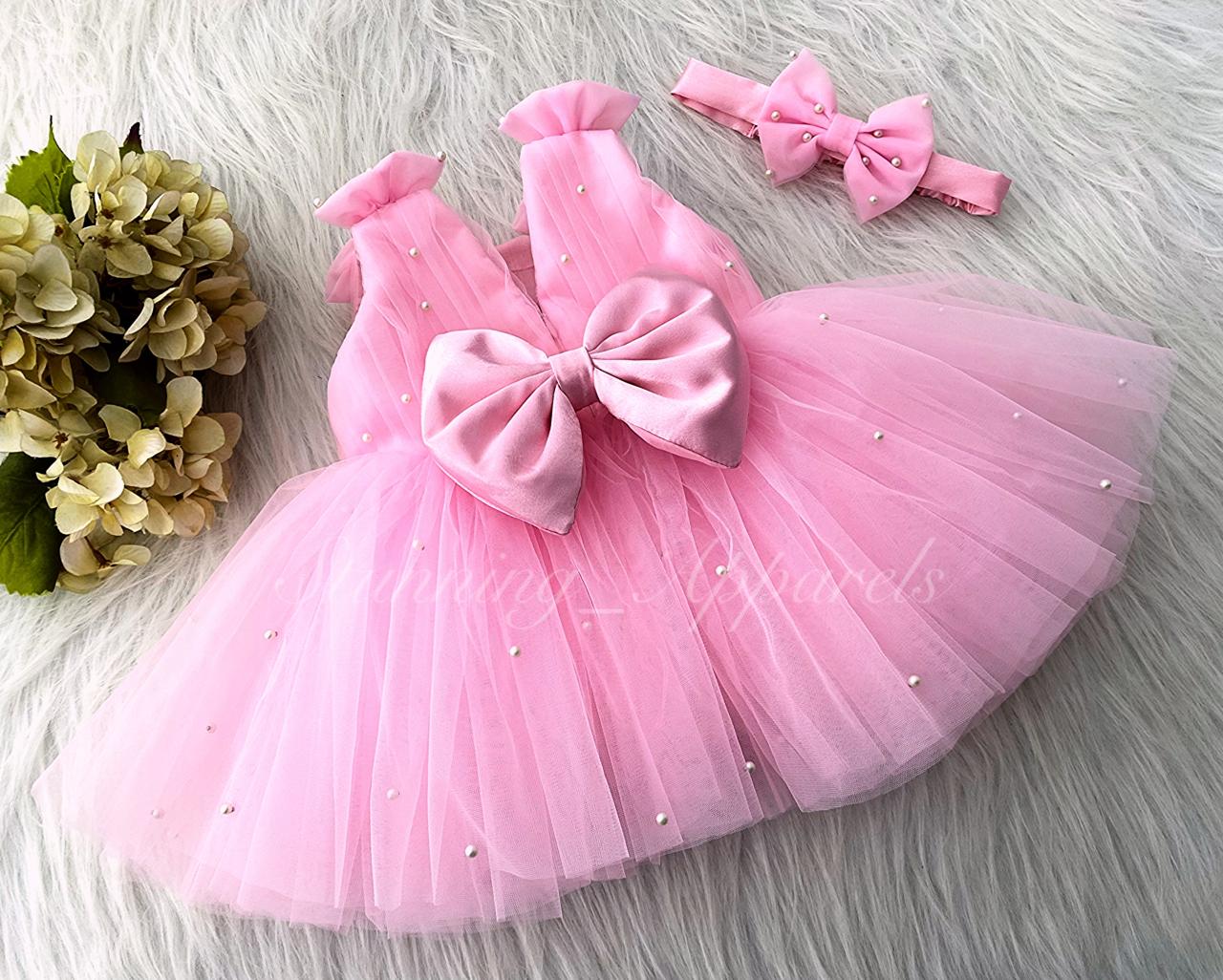 Shoulder Bow White Pearls Work Baby Pink Frock
