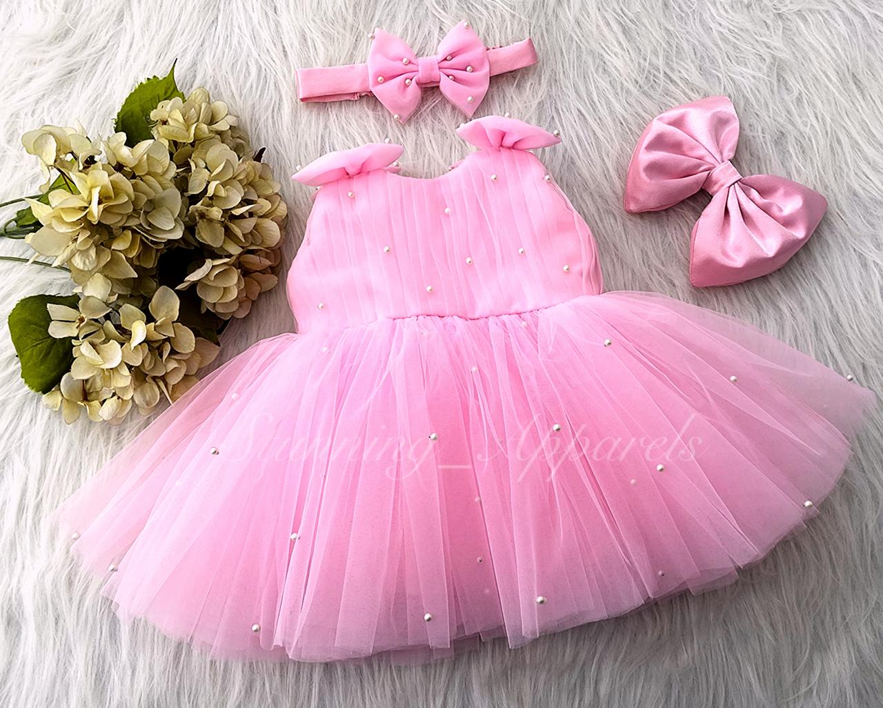 Shoulder Bow White Pearls Work Baby Pink Frock