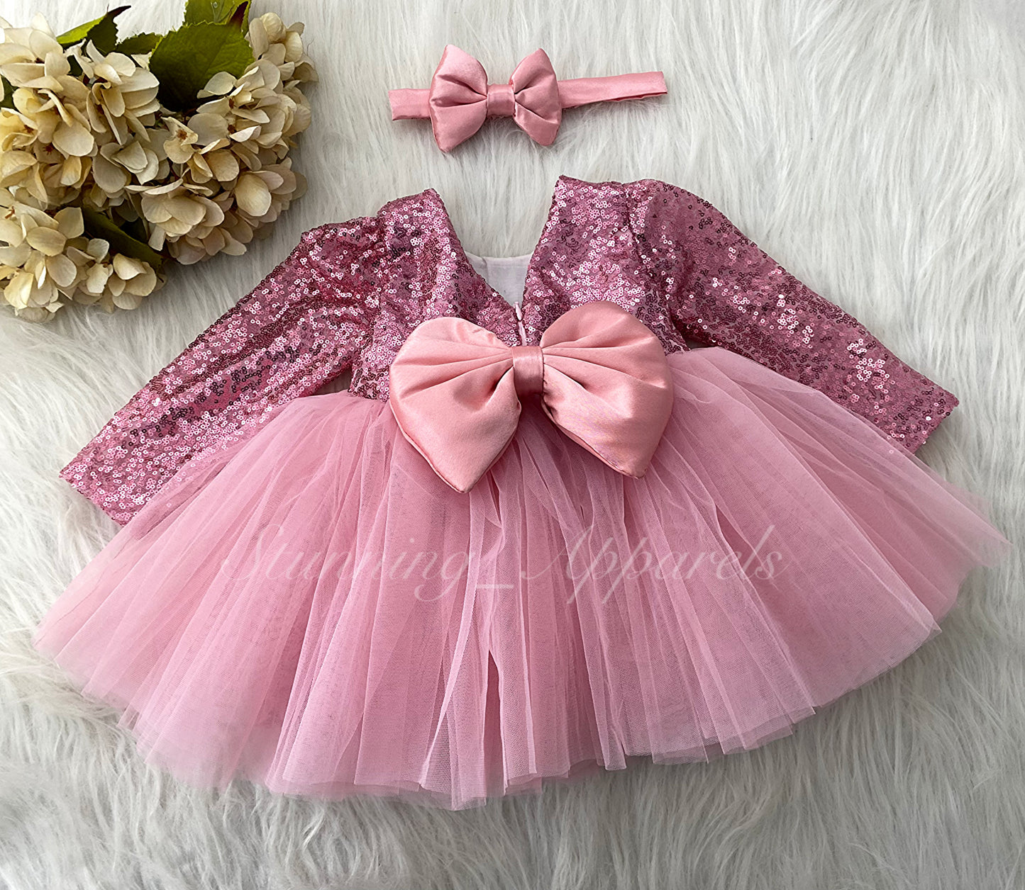 Stylish Long Sleeves Satin Bow Party Wear Peach Frock