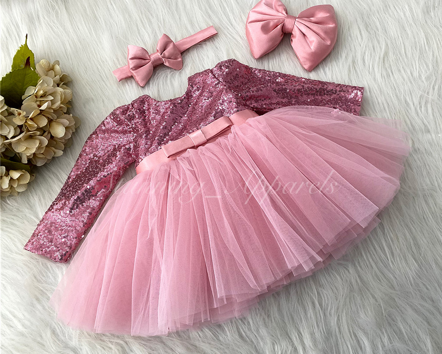Stylish Long Sleeves Satin Bow Party Wear Peach Frock
