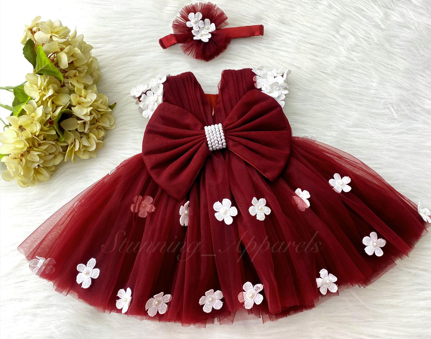 Cute White Flower Work Cape Sleeves Maroon Frock