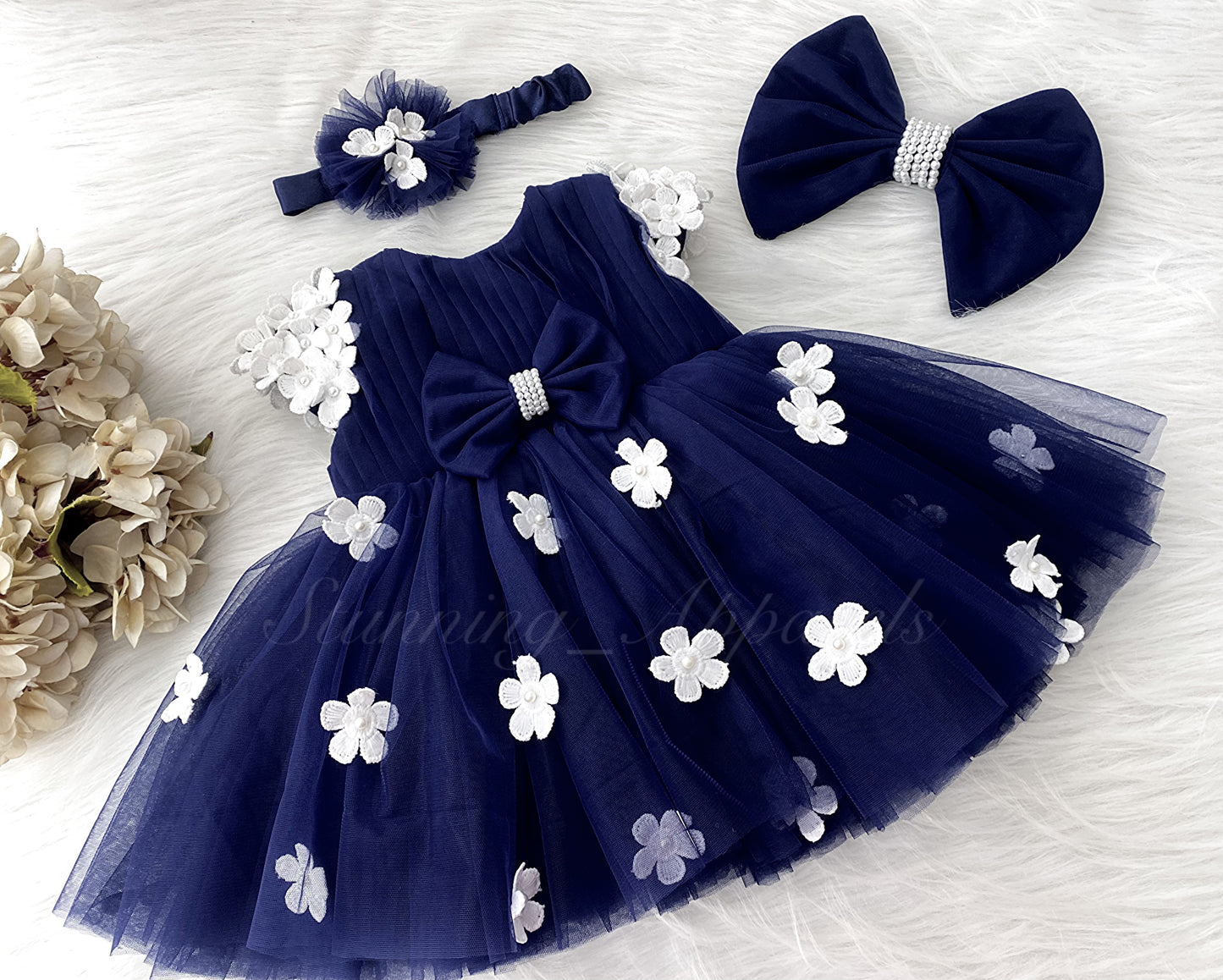 Cute White Flower Work Cape Sleeves Navy Blue Frock