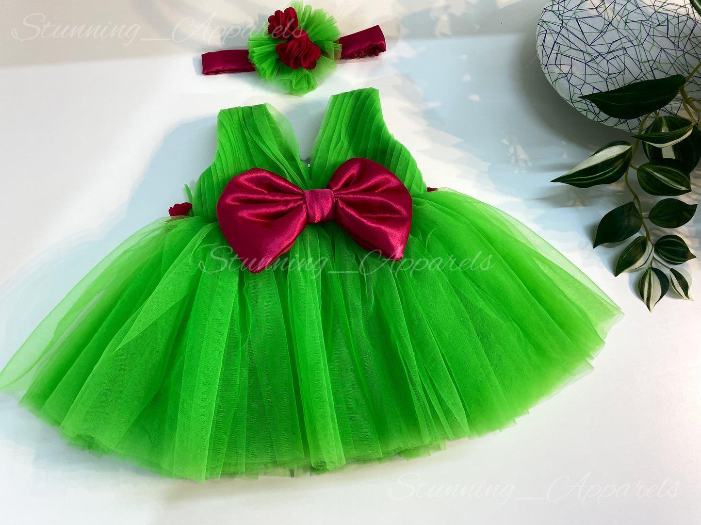 Waist Line Magenta Flower Work Parrot Green Frock