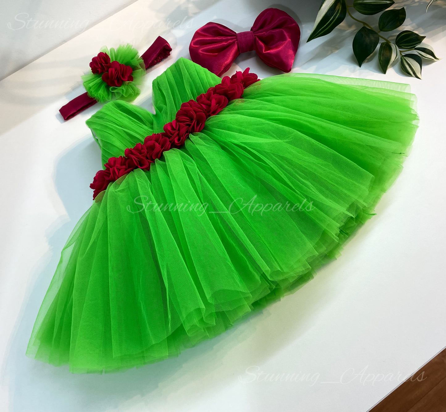 Waist Line Magenta Flower Work Parrot Green Frock