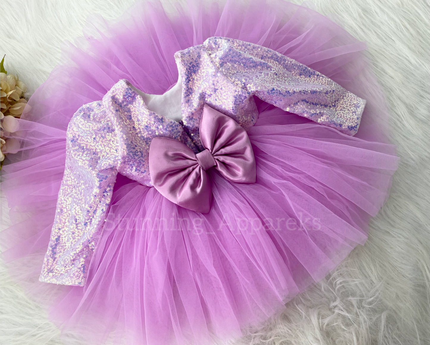 Stylish Long Sleeves Satin Bow Party Wear Light Lavender Frock