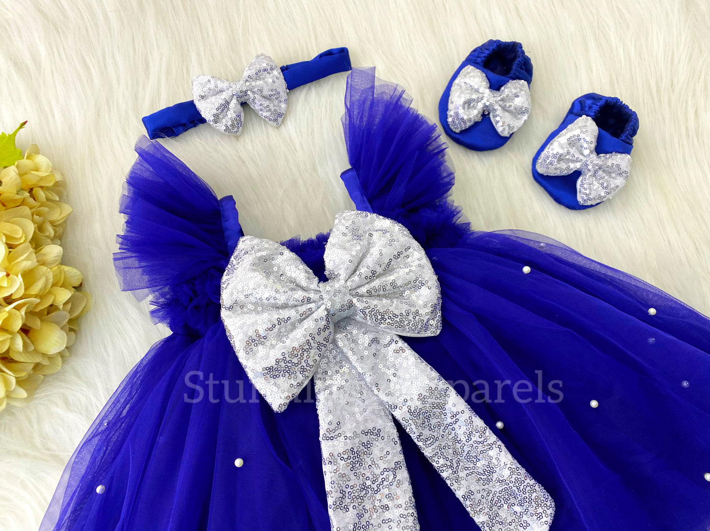 Silver Sequins Bow Party Wear Royal Blue Umbrella Dress