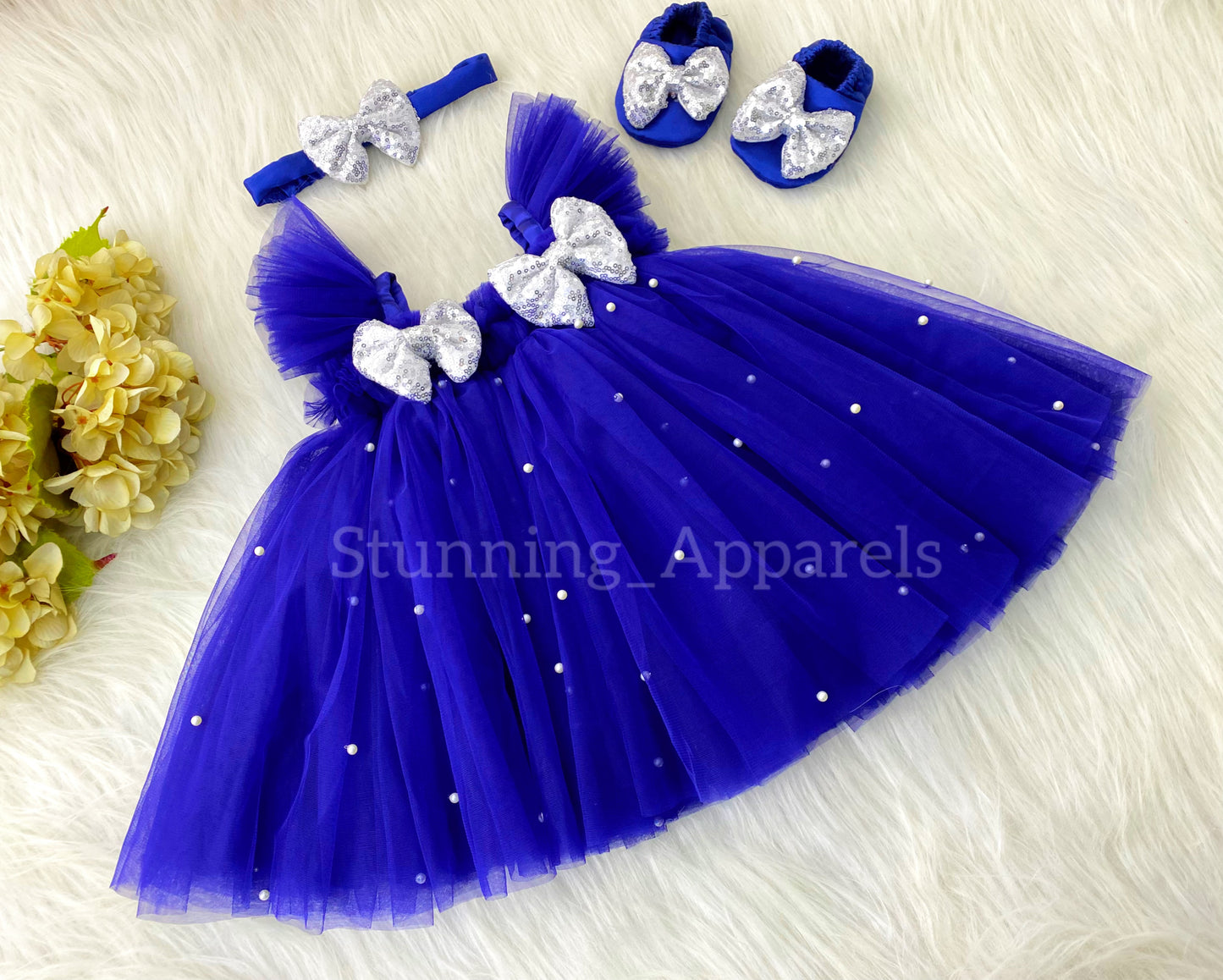 Silver Sequins Bow Party Wear Royal Blue Umbrella Dress