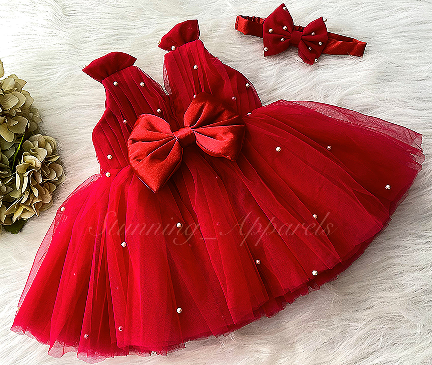Shoulder Bow White Pearls Work Red Frock