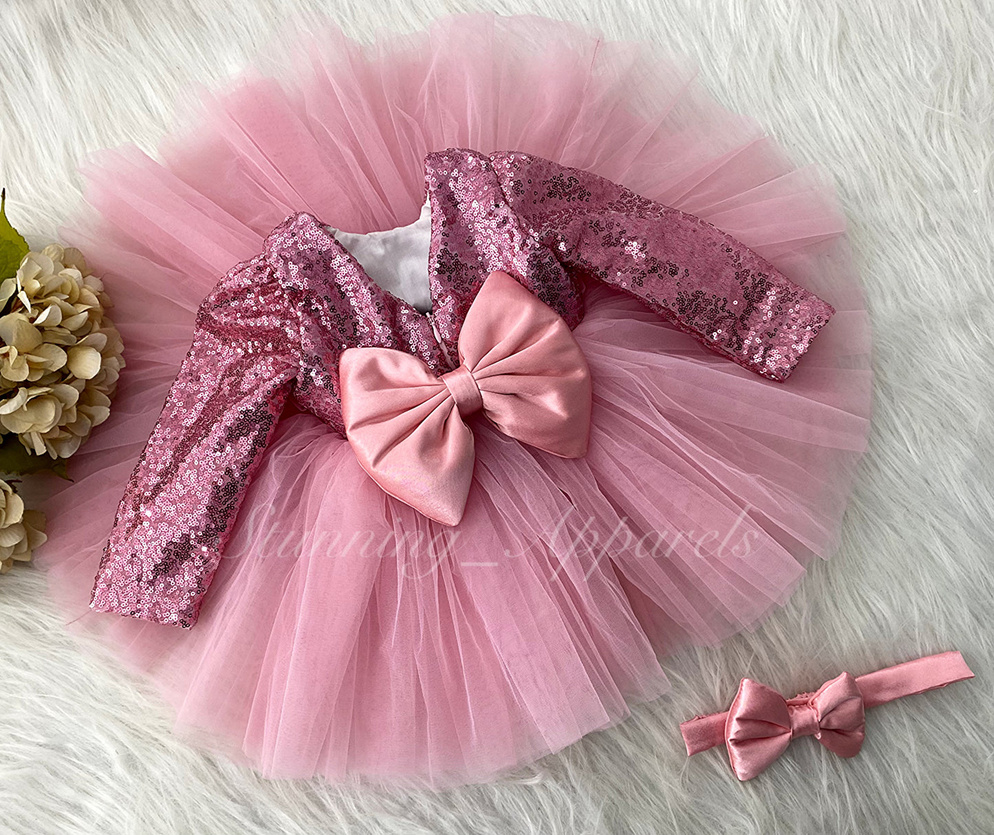 Stylish Long Sleeves Satin Bow Party Wear Peach Frock