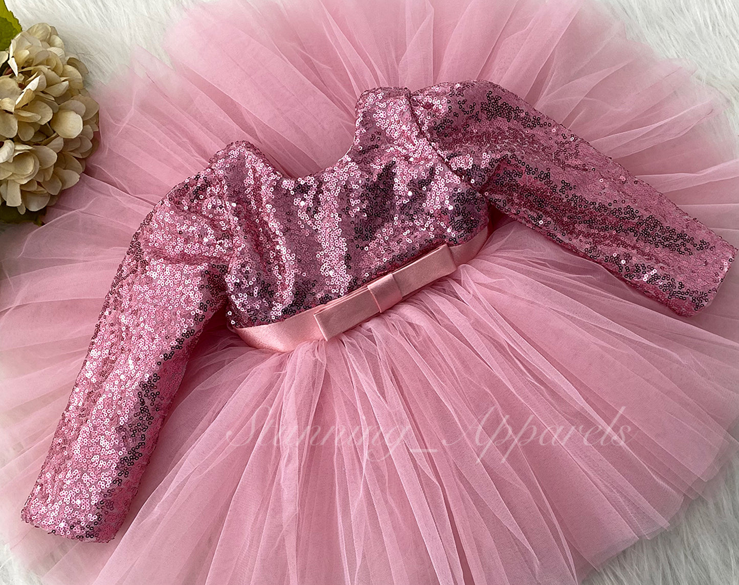 Stylish Long Sleeves Satin Bow Party Wear Peach Frock