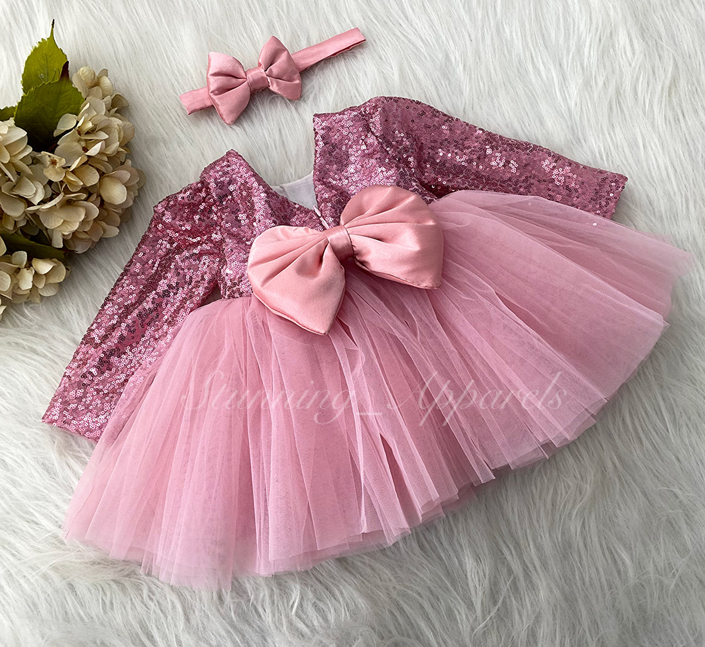 Stylish Long Sleeves Satin Bow Party Wear Peach Frock