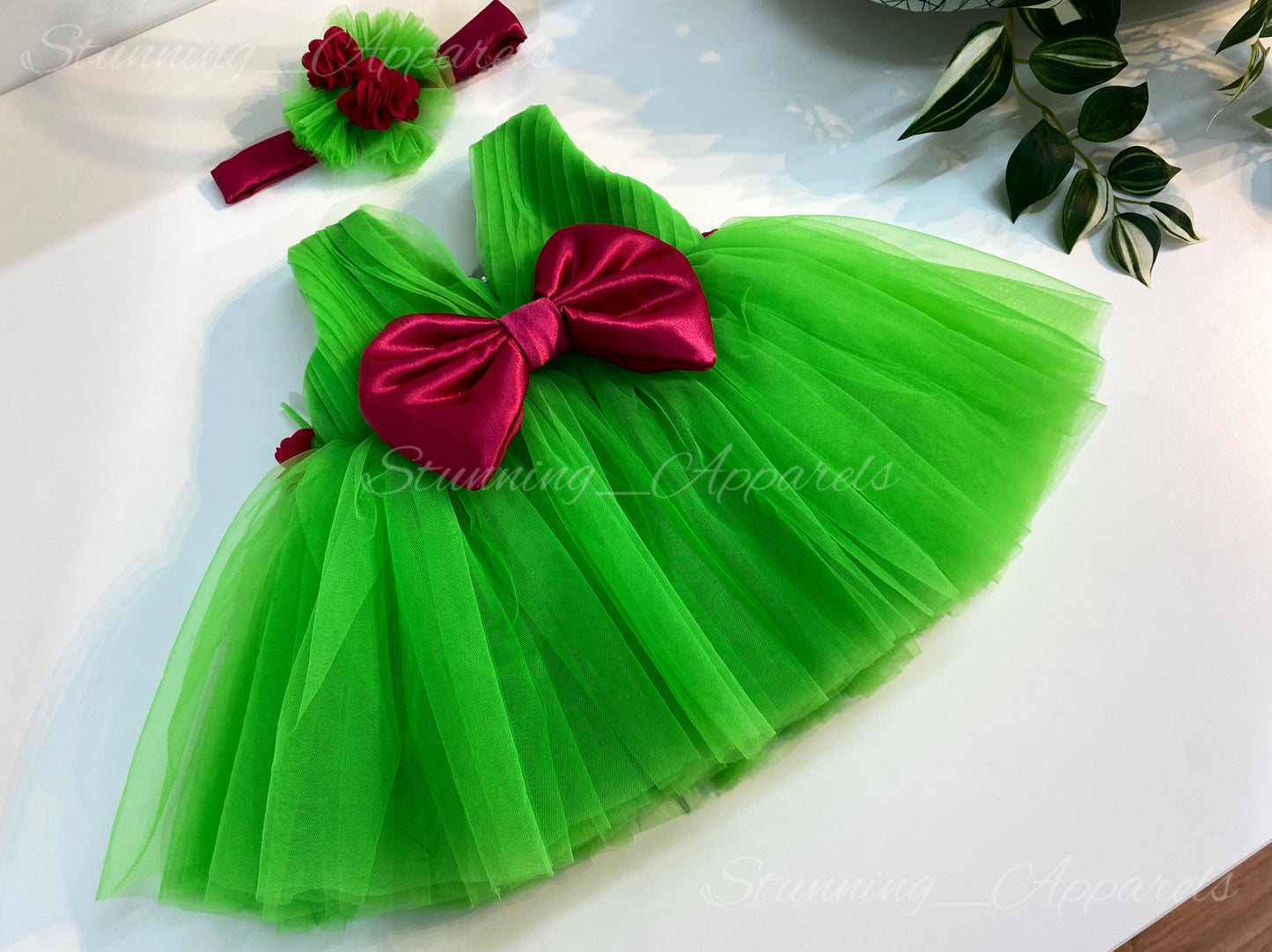 Waist Line Magenta Flower Work Parrot Green Frock