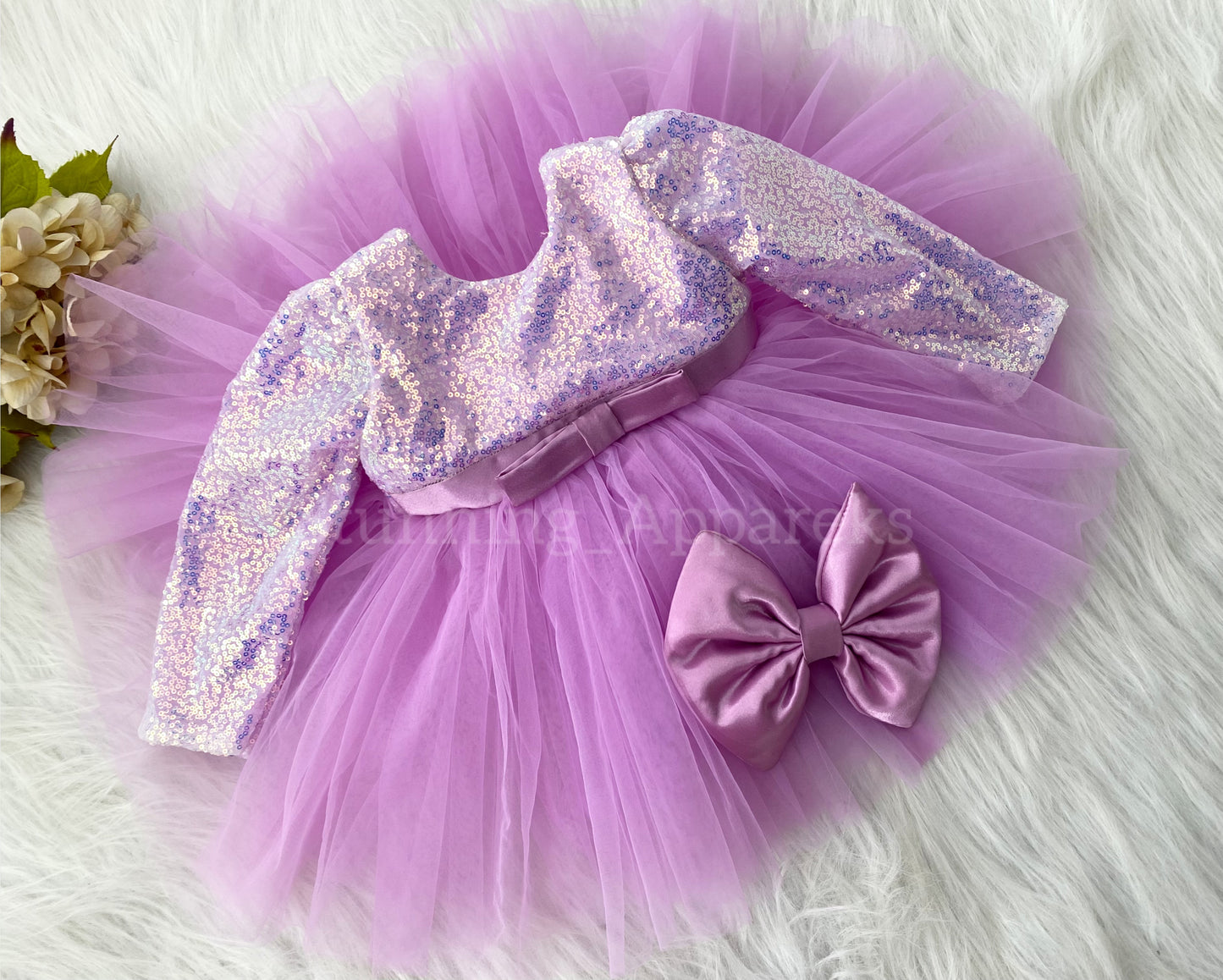 Stylish Long Sleeves Satin Bow Party Wear Light Lavender Frock