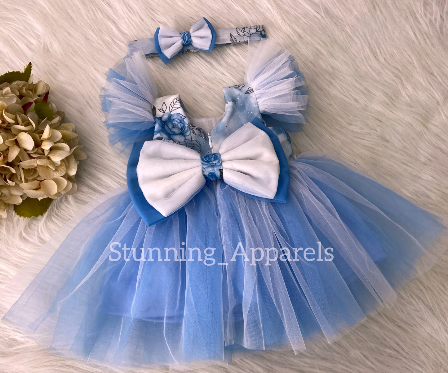 Cute Rose Printed White and Blue Combination Casual Dress