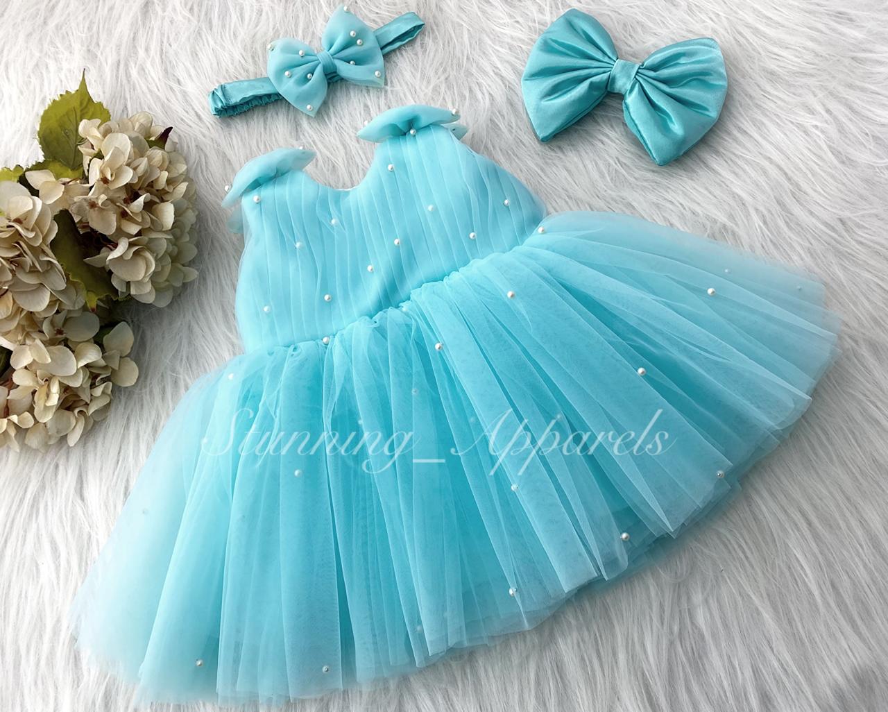 Shoulder Bow White Pearls Work Sky Blue Frock