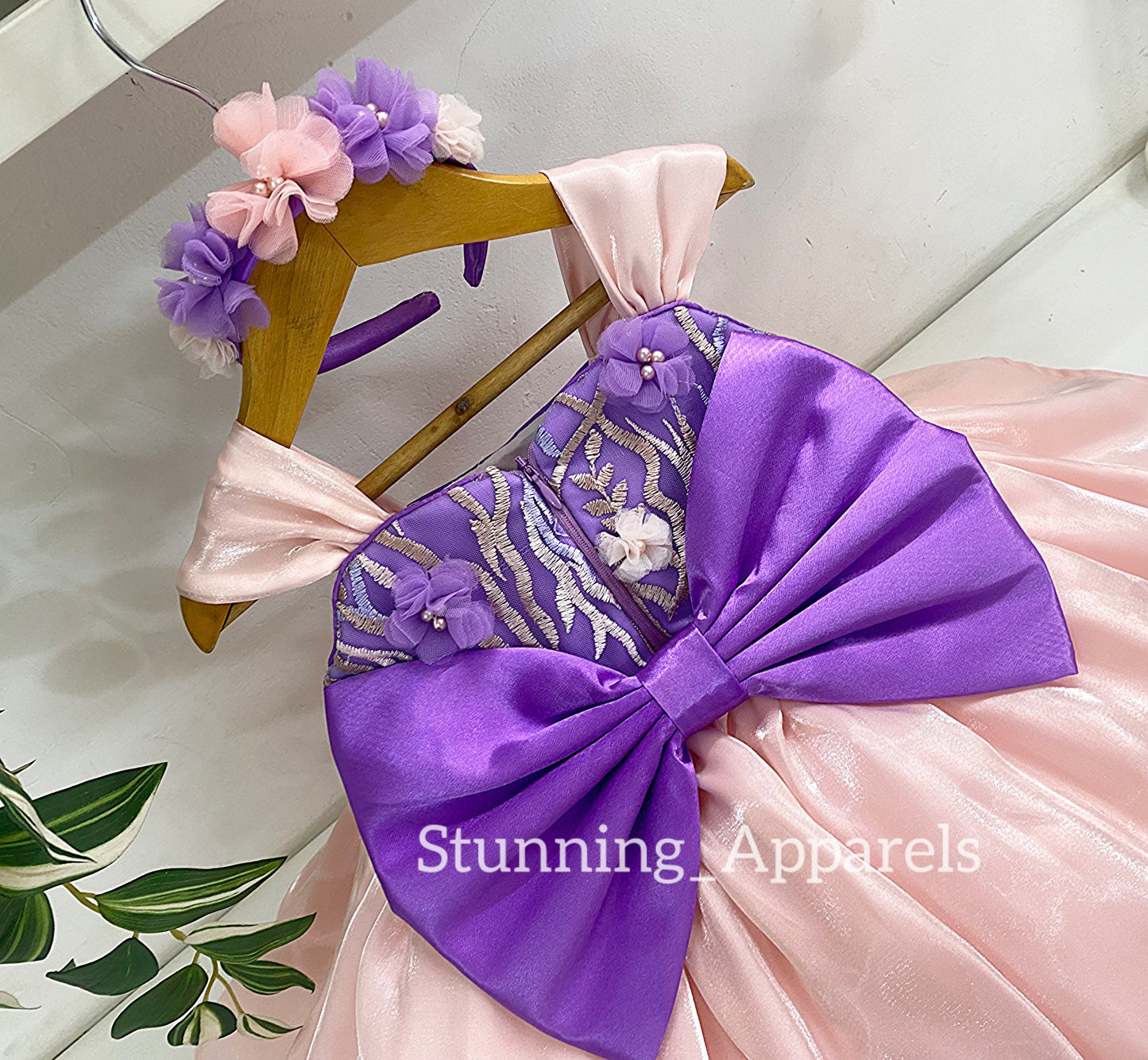 Preety Flower Work Lavender And Peach Combination Dress