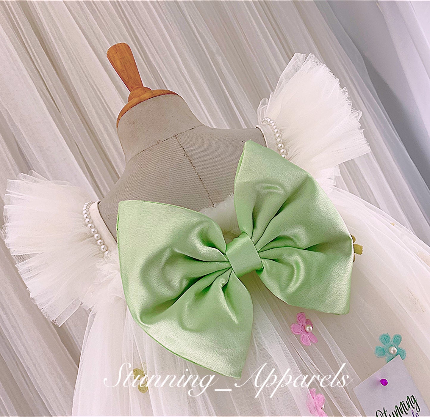 Multi Colour Flower Work, Pista Green Satin Bow White Umbrella Dress
