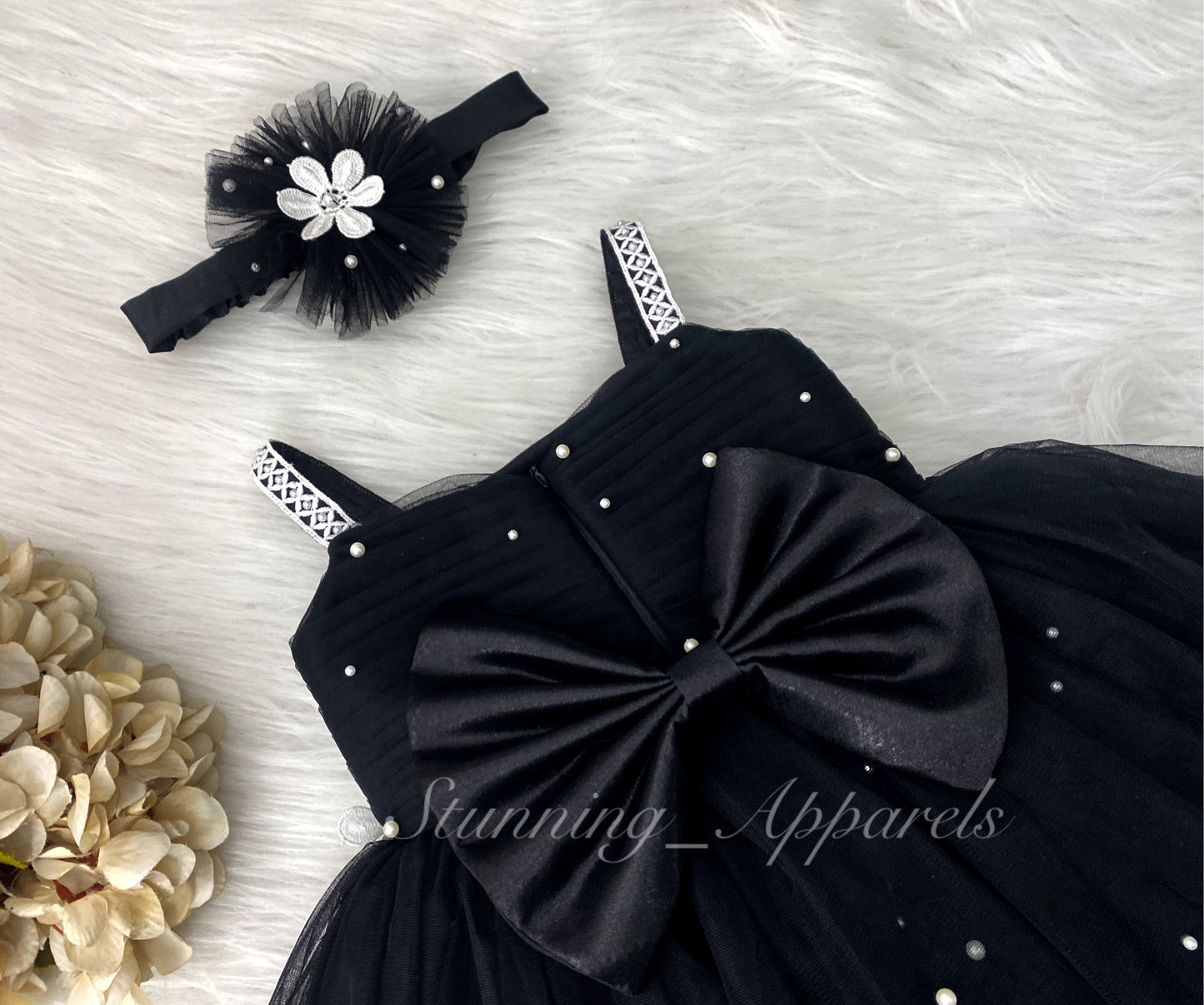 Waistline White Flower Work Party Wear Black Dress