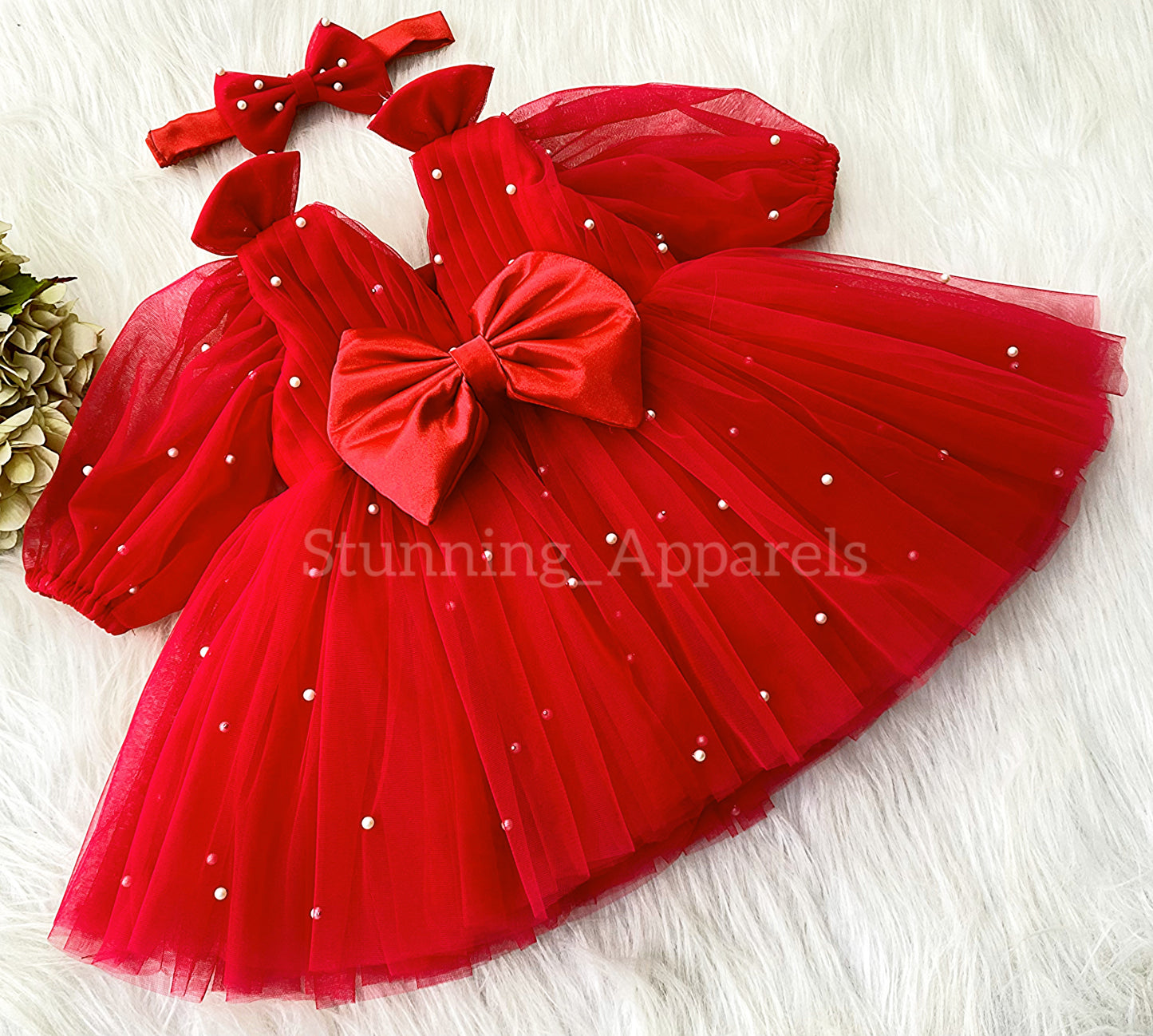 Shoulder Bow Long Puff Sleeves Red dress