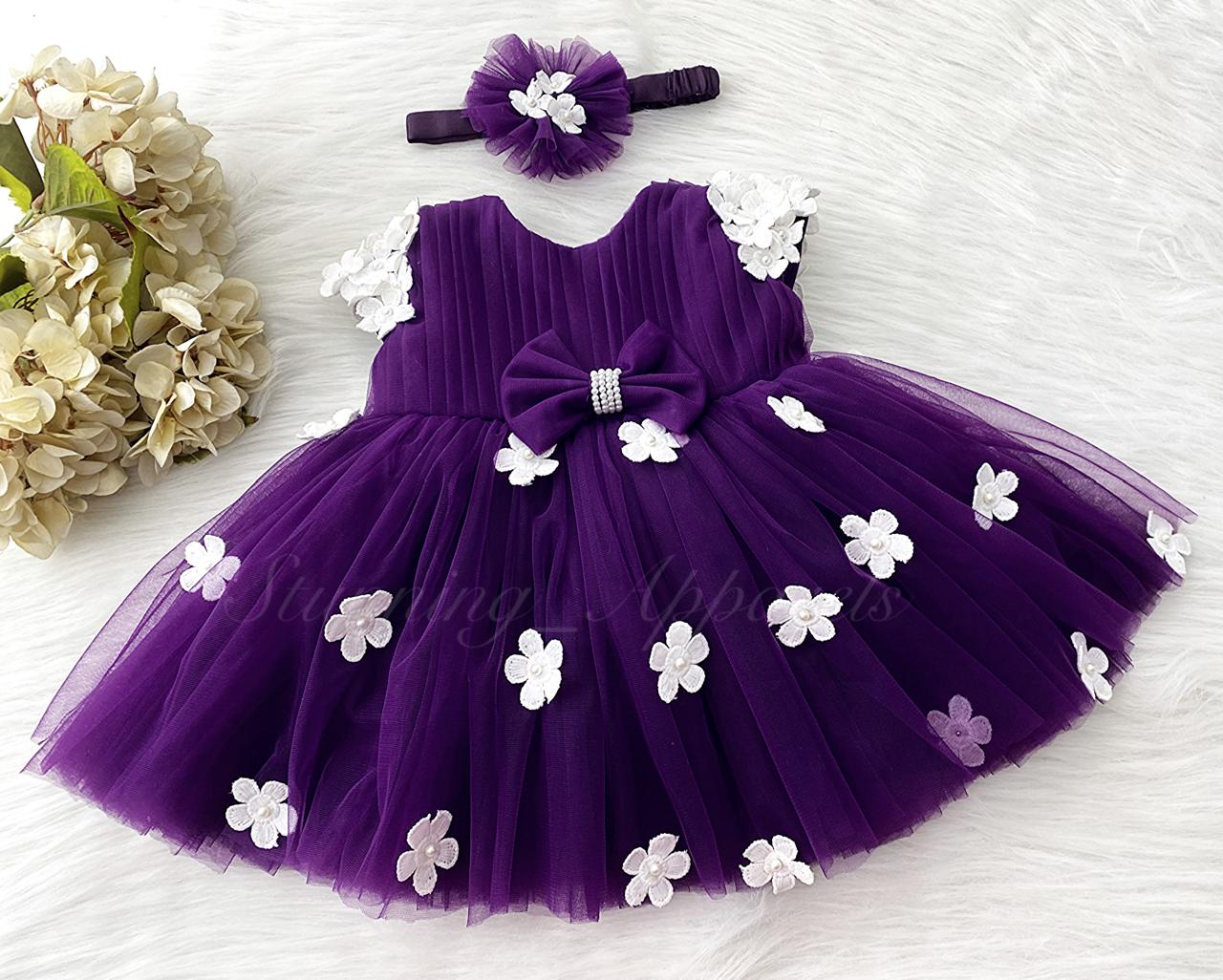 Cute White Flower Work Cape Sleeves Purple Frock