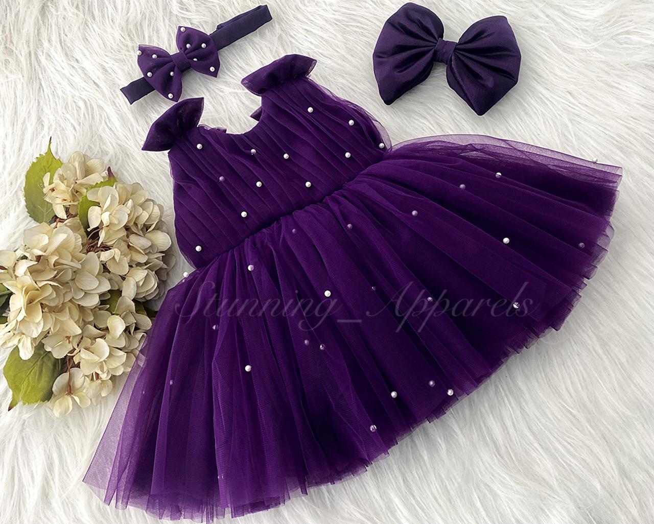 Shoulder Bow Pearls Work Purple Frock