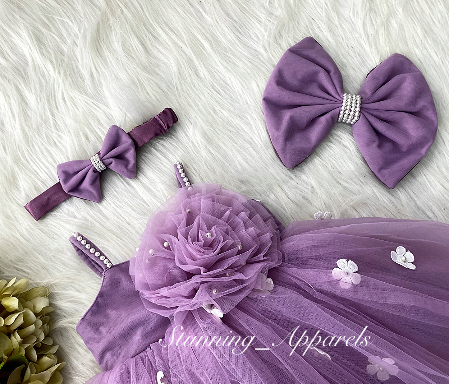 White Flower Work Strapped Sleeves Lilac Frock