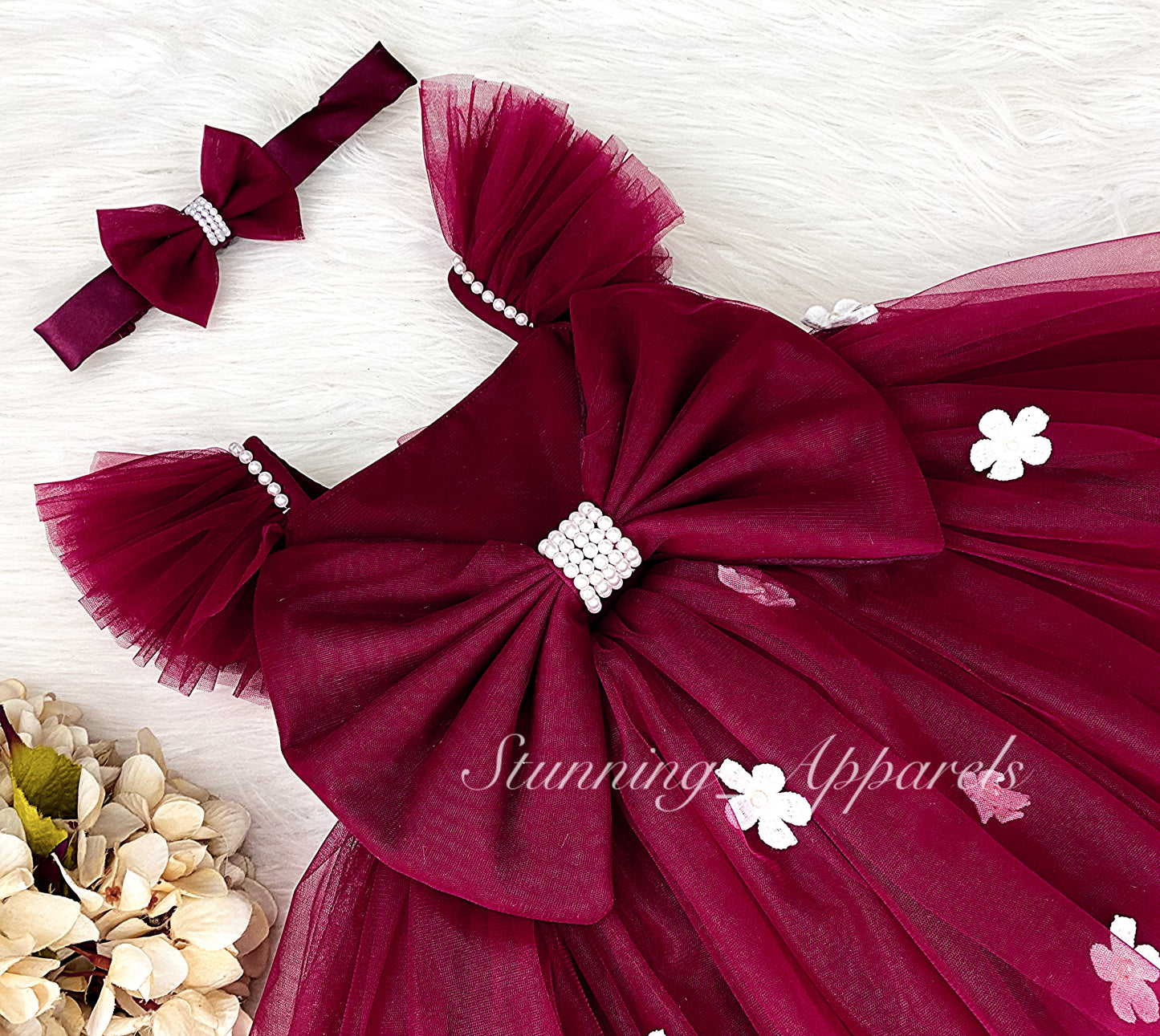 White Flower Work Strapped Sleeves Ruby Red Frock