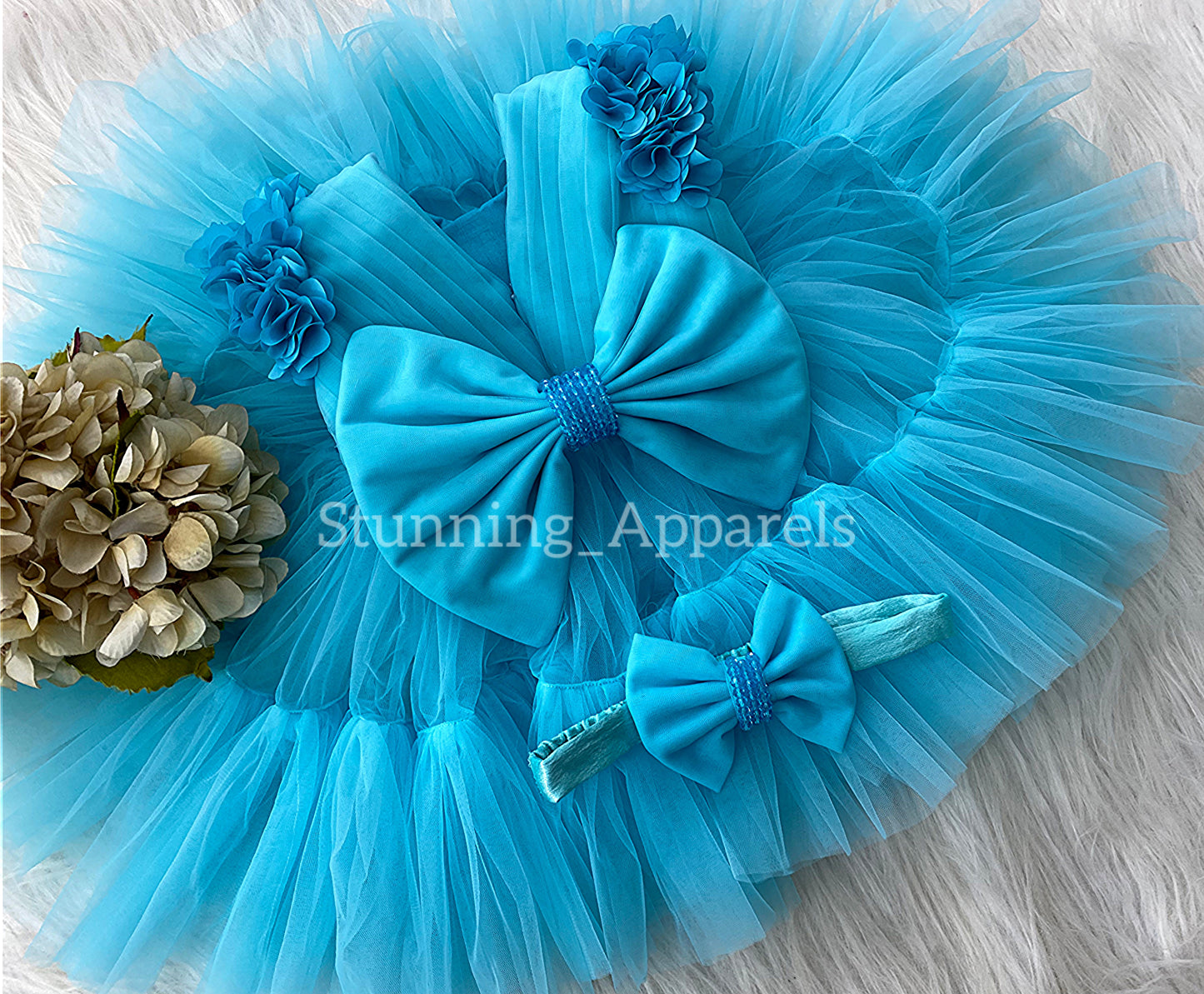 Beautiful Cape Sleeves Flower Work Ruffled Dark Sky Blue Frock