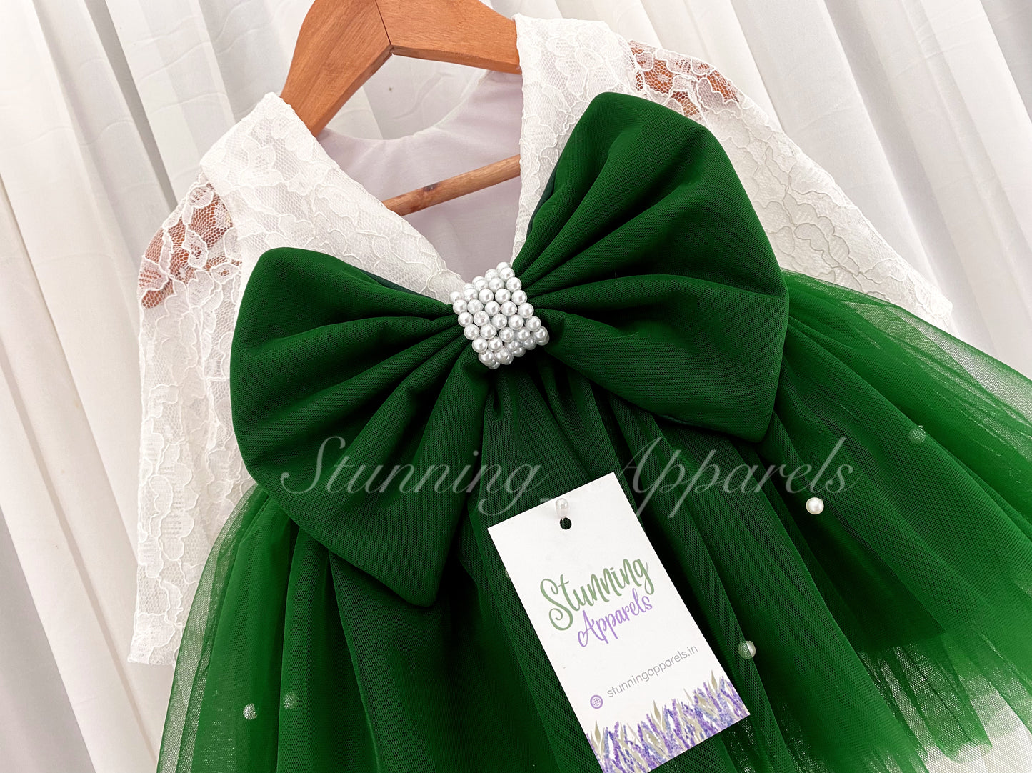 Long Sleeves White Pearls Work Green Frock