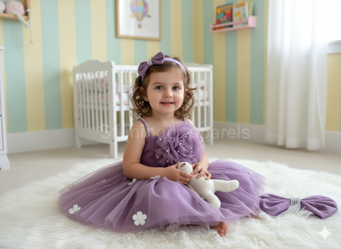 White Flower Work Strapped Sleeves Lilac Frock