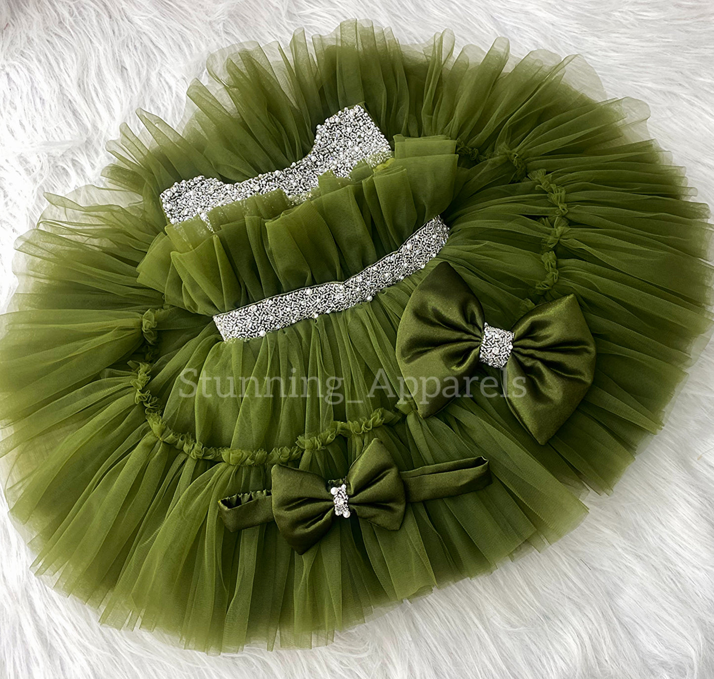 Designer Neckline Hand Work Party Wear Olive Green Dress