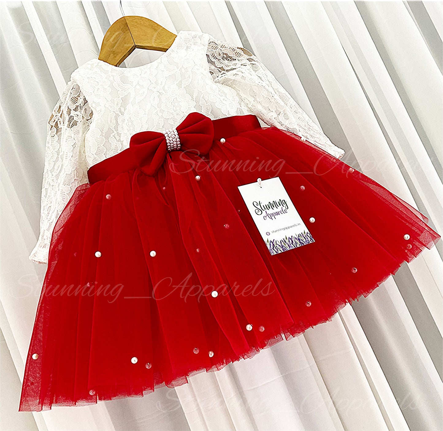 Long Sleeves White Pearls Work Red Frock