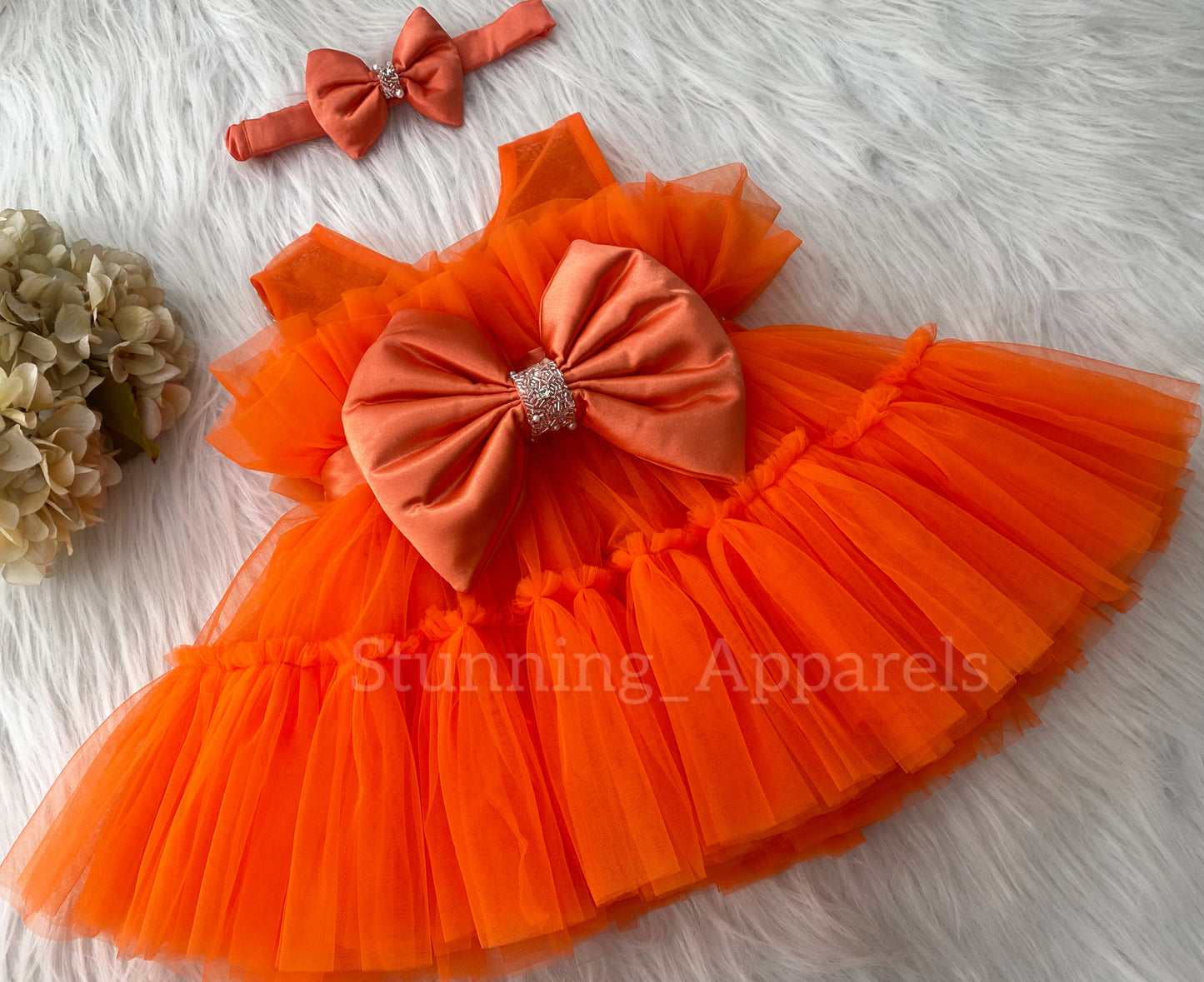 Designer Neckline Hand Work Party Wear Orange Dress