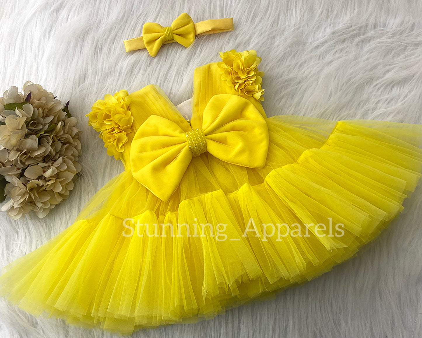 Beautiful Cape Sleeves Flower Work Ruffled Yellow Frock
