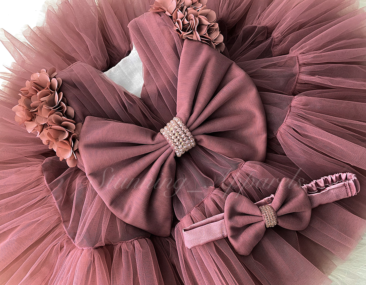 Beautiful Cape Sleeves Flower Work Ruffled Brown Frock