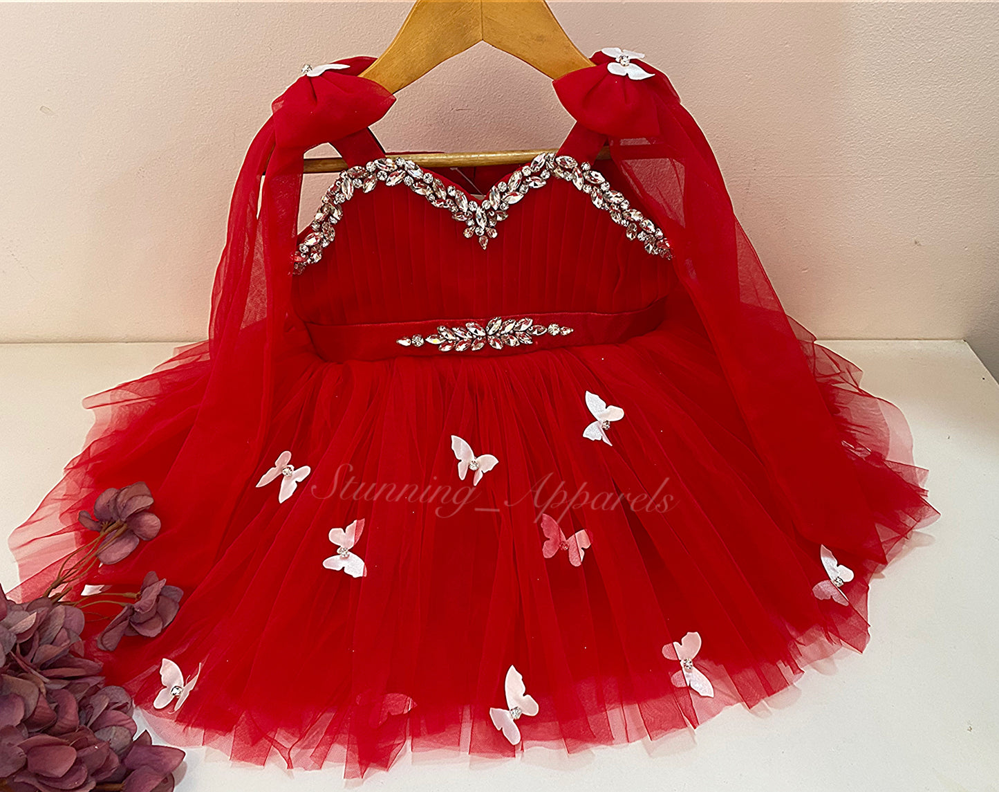 Designer Neckline Hand Work Butterfly Red Dress