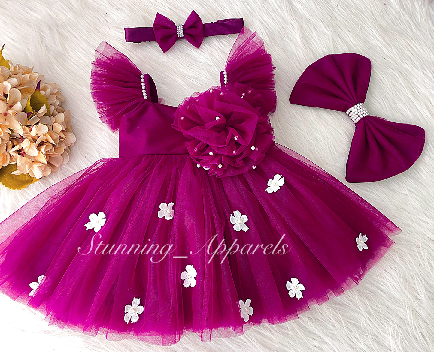 White Flower Work Strapped Sleeves Dark Magenta Pink Frock