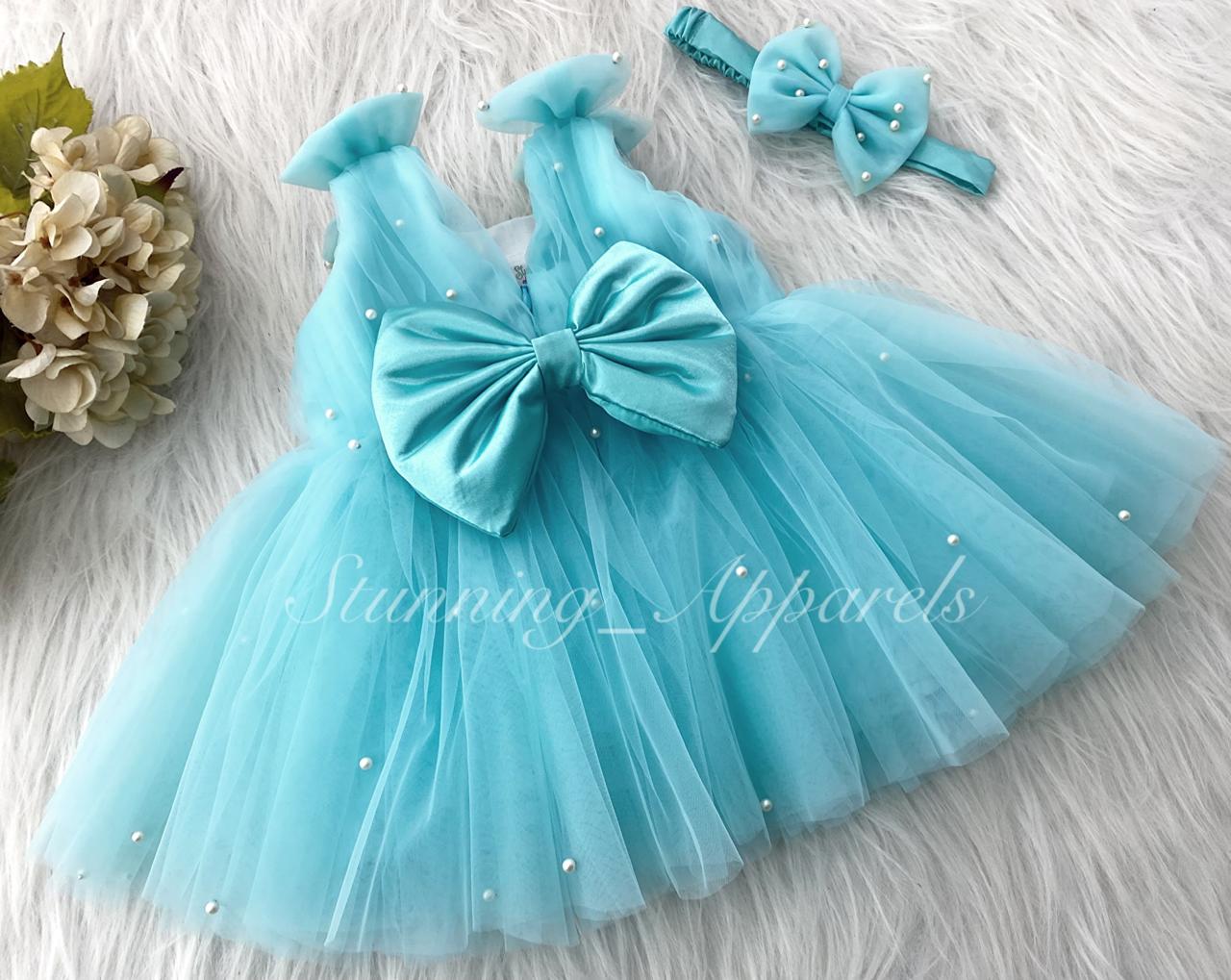 Shoulder Bow White Pearls Work Sky Blue Frock